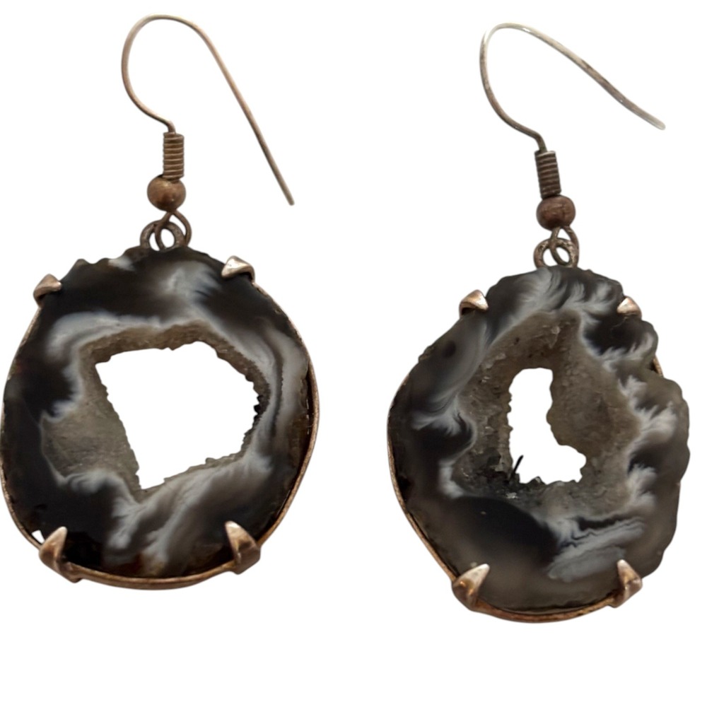 Natural Black White Geode‎ Slice Drop Earrings Silver Tone Boho Druzy Dangle